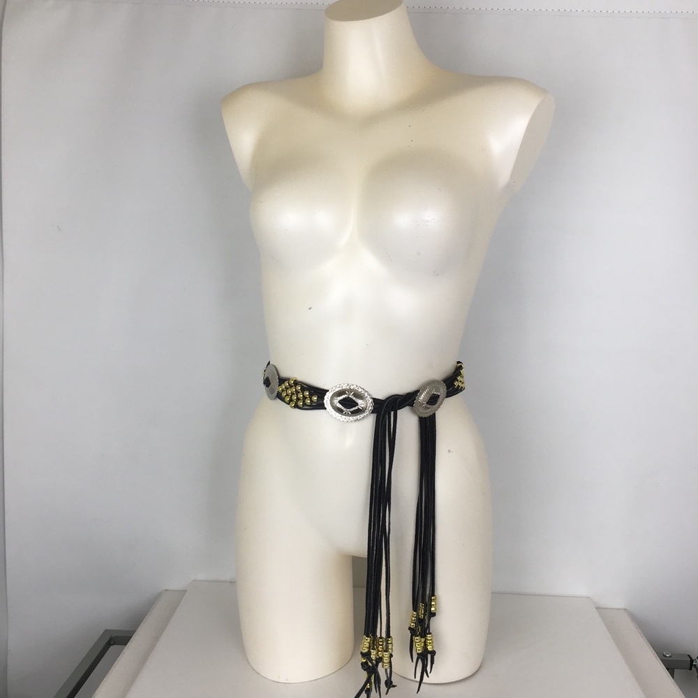 Vintage Boho Western Leather Concho Belt Black Silver Beaded Cowgirl - Picture 2 of 13